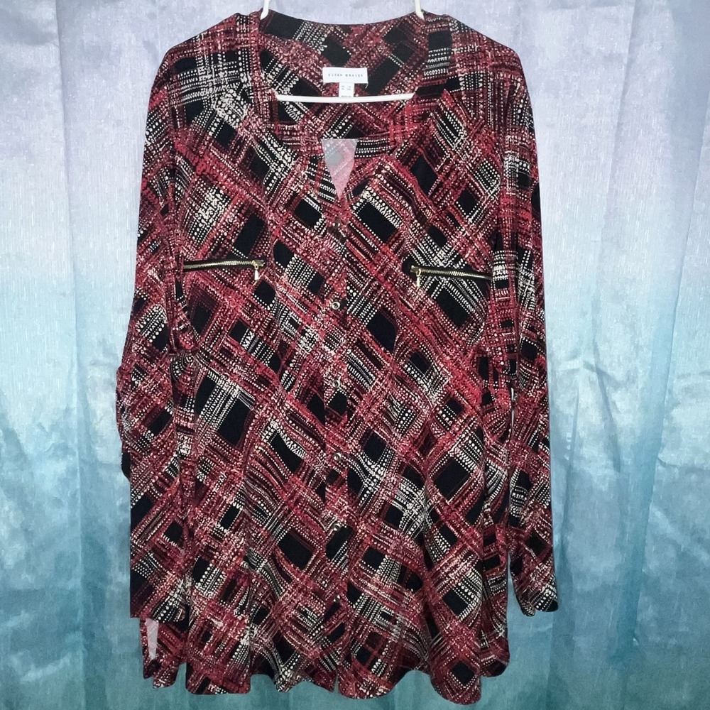 Susan Graver Printed Liquid Knit Tunic Blouse Shirt Burgundy Cream Black 3x Plus